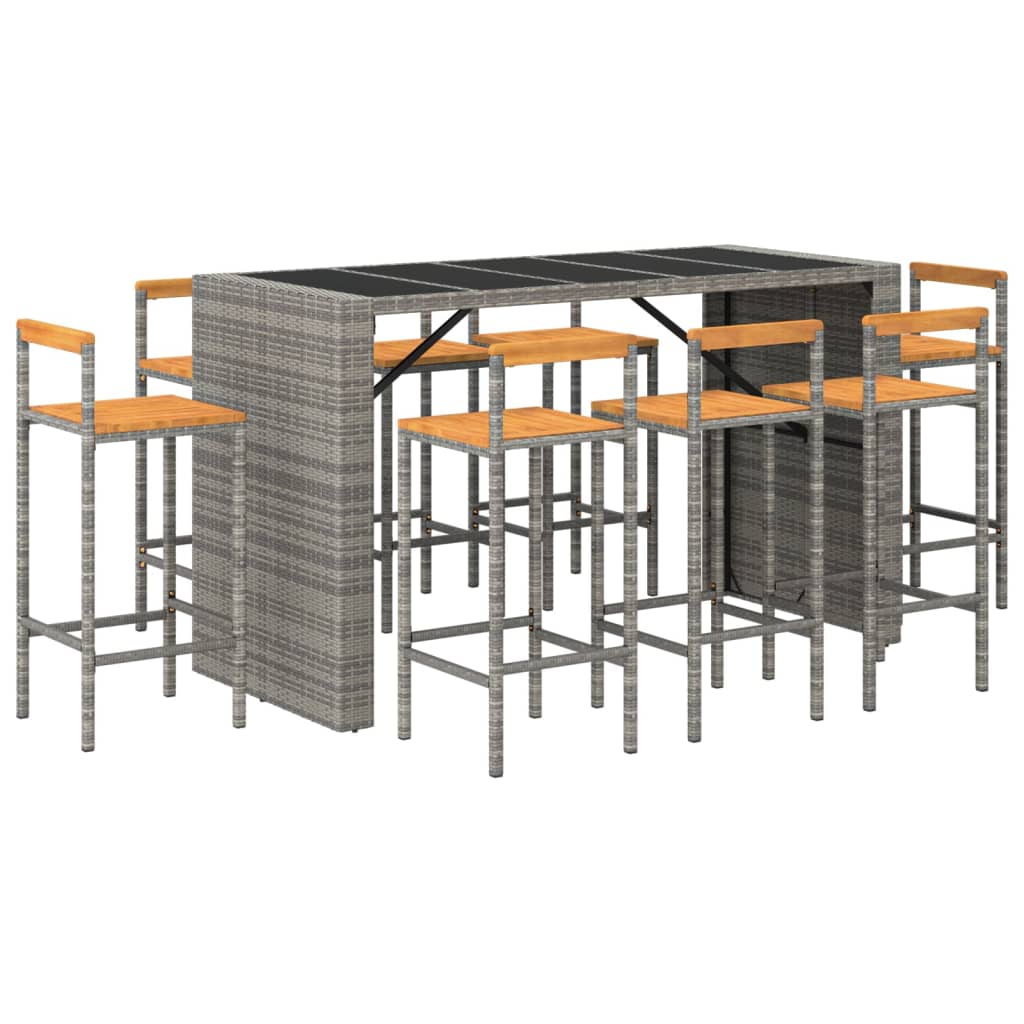 Ensemble de bar jardin 9 pcs gris poly rotin/bois massif acacia