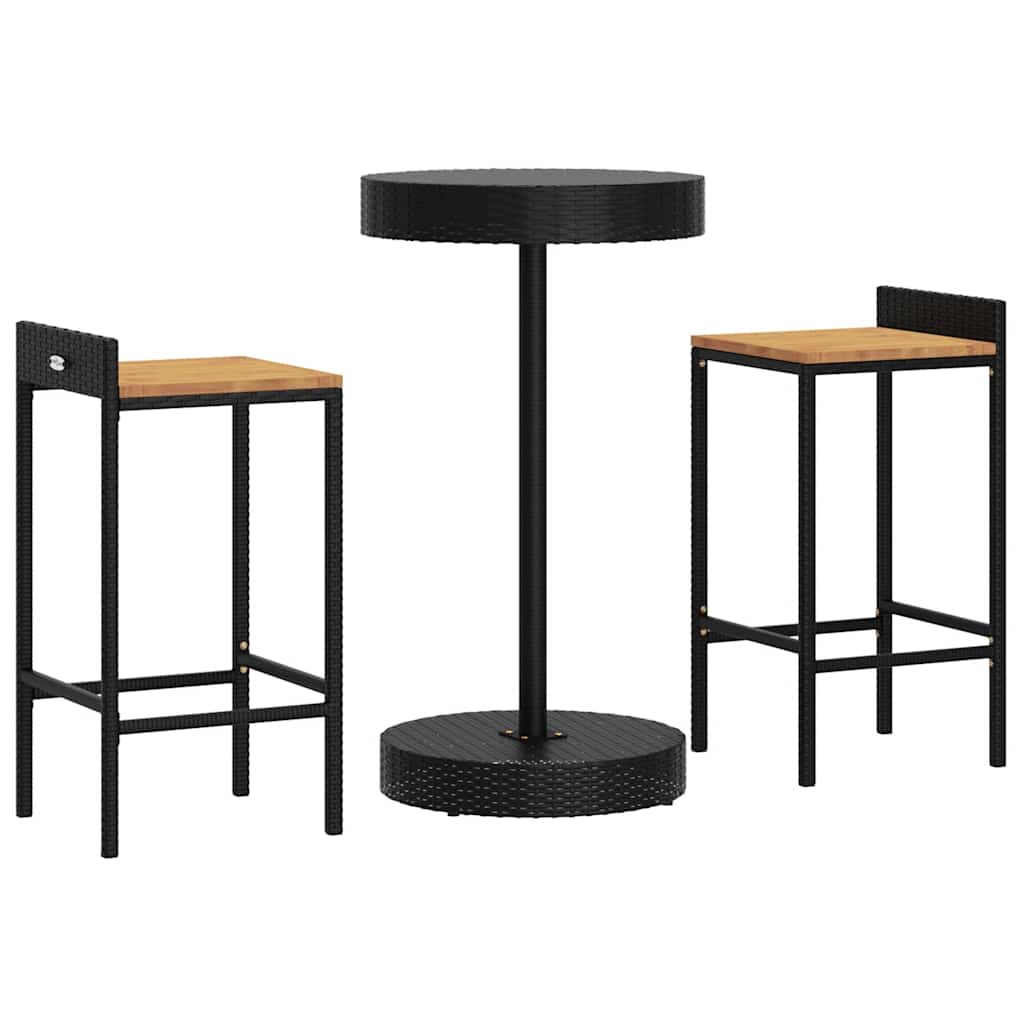 Ensemble de bar jardin 3 pcs noir poly rotin/bois massif acacia