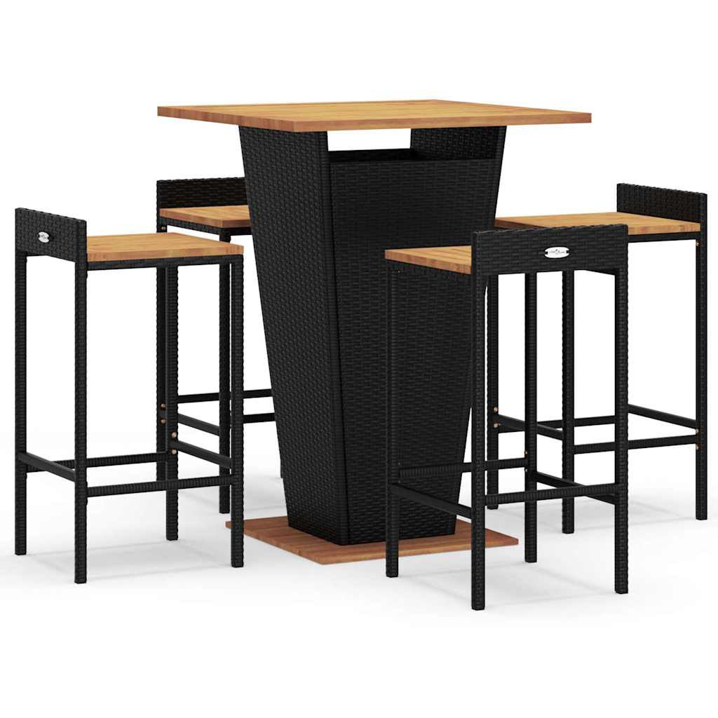Ensemble de bar jardin 5 pcs noir poly rotin/bois massif acacia