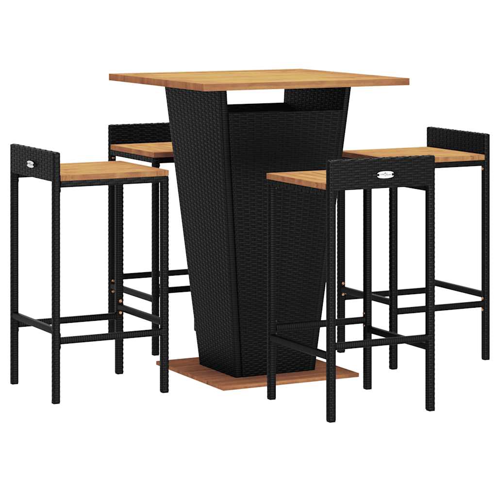 Ensemble de bar jardin 5 pcs noir poly rotin/bois massif acacia