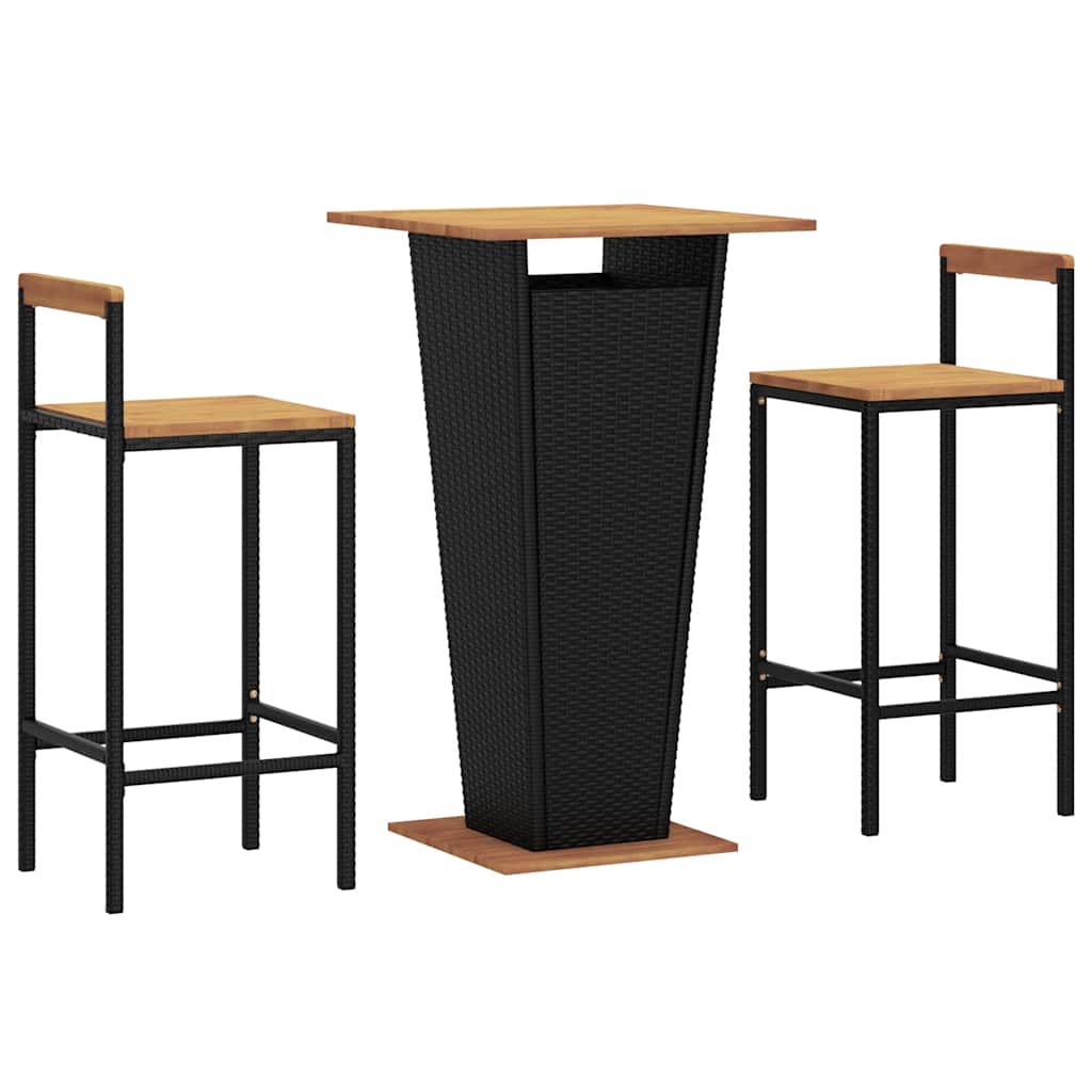 Ensemble de bar jardin 3 pcs noir poly rotin/bois massif acacia