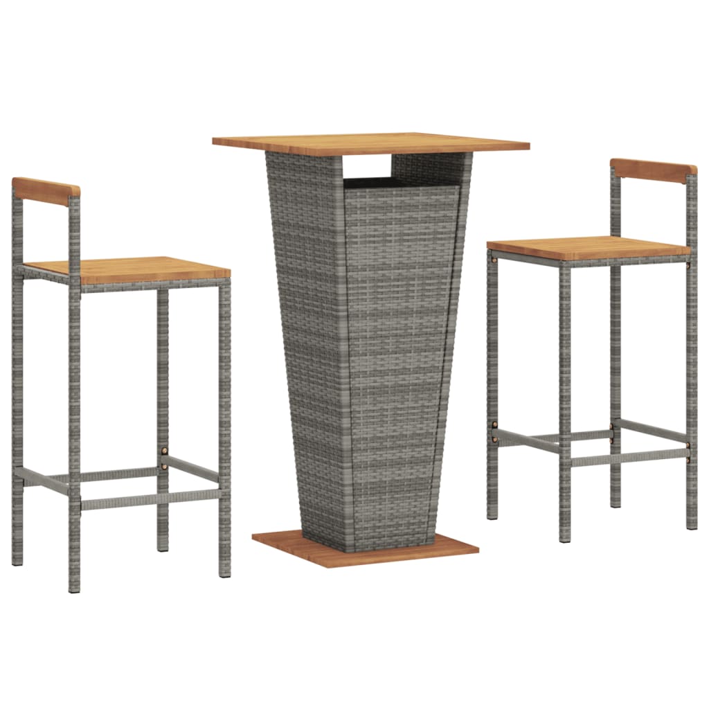 Ensemble de bar jardin 3 pcs gris poly rotin/bois massif acacia