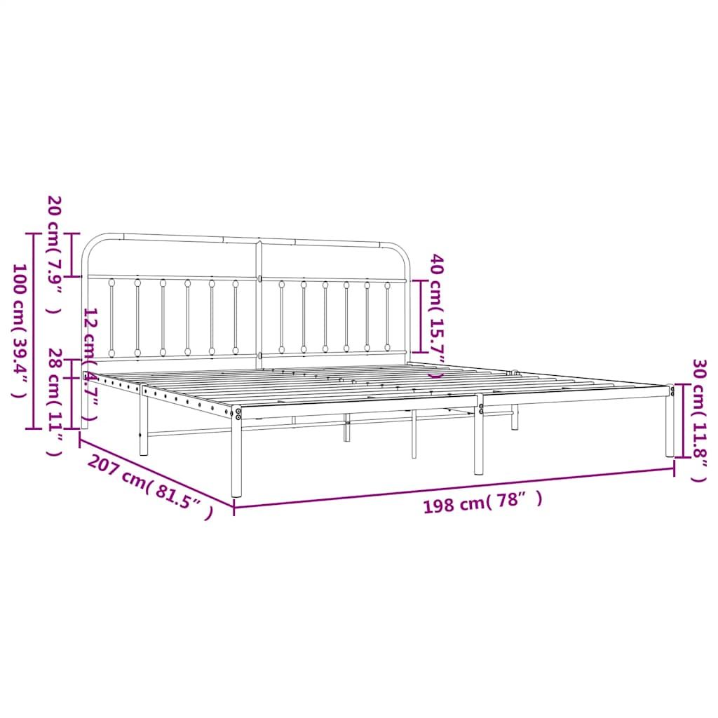 Cadre de lit métal sans matelas avec tête de lit noir 193x203cm - XIOS