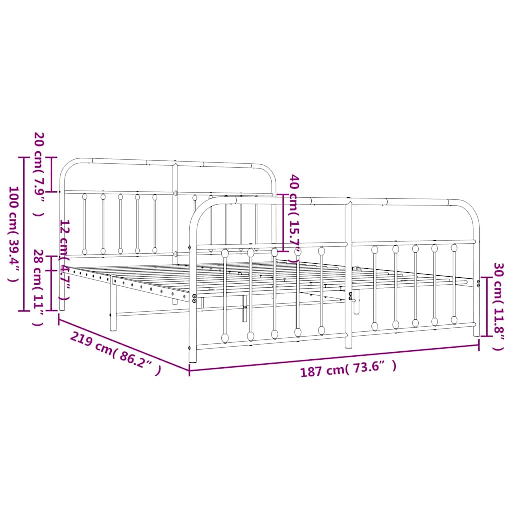 Cadre de lit métal sans matelas avec pied de lit noir 183x213cm - XIOS