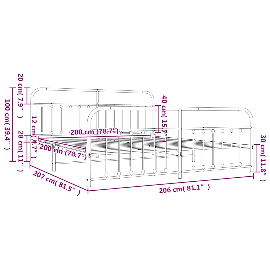 Cadre de lit métal sans matelas avec pied de lit noir 200x200cm - XIOS
