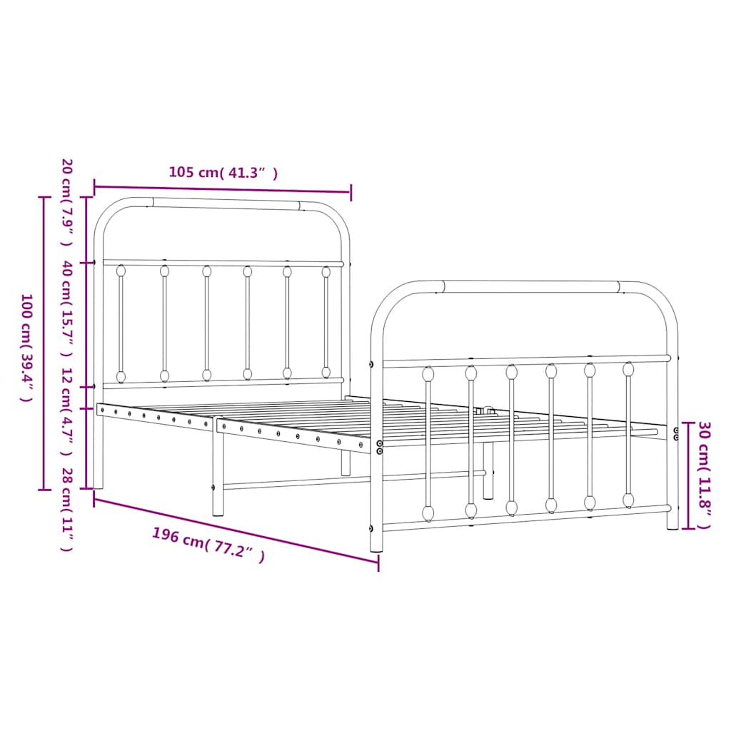 Cadre de lit métal sans matelas et pied de lit blanc 100x190 cm - XIOS