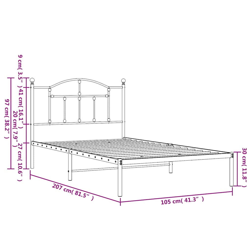Cadre de lit métal sans matelas avec tête de lit noir 100x200cm