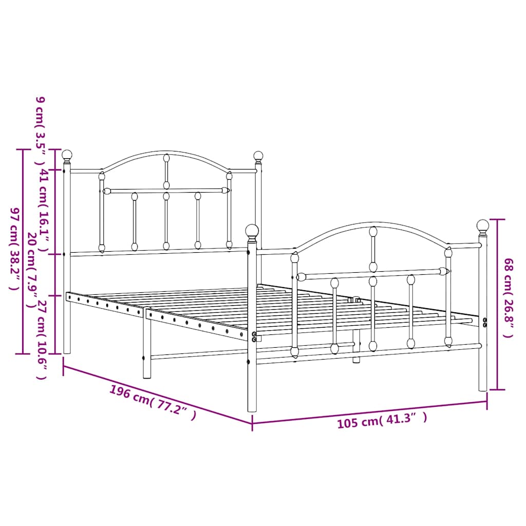 Cadre de lit métal sans matelas avec pied de lit noir 100x190cm - XIOS