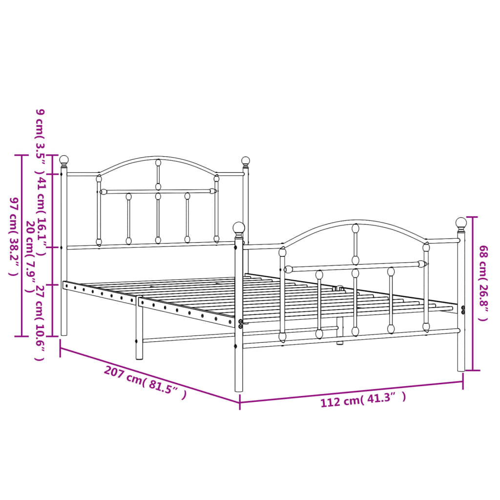 Cadre de lit métal sans matelas avec pied de lit noir 107x203cm - XIOS