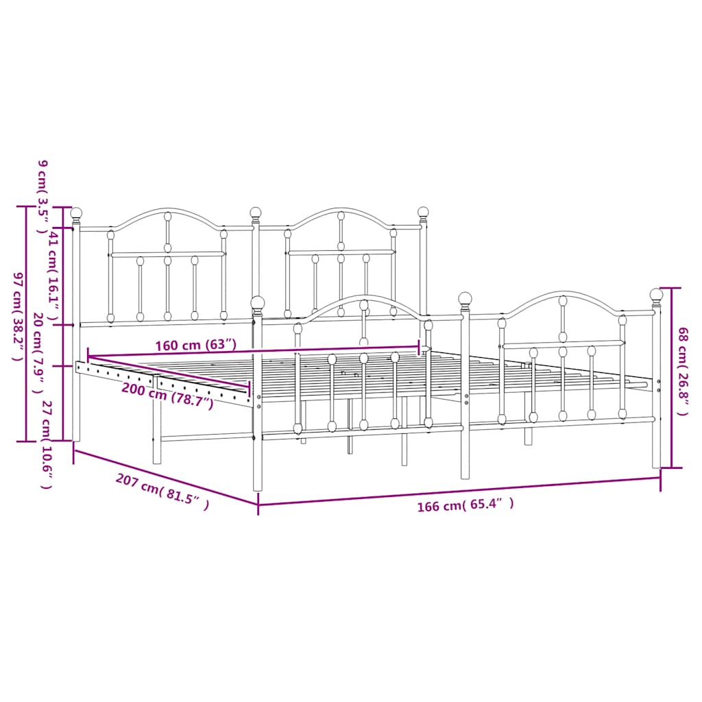 Cadre de lit métal sans matelas avec pied de lit noir 160x200cm - XIOS