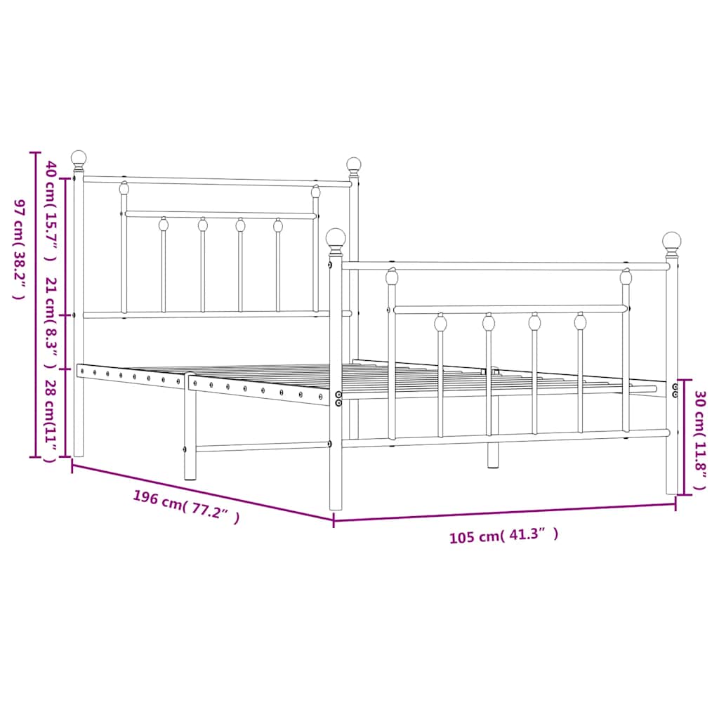 Cadre de lit métal sans matelas avec pied de lit noir 100x190cm - XIOS