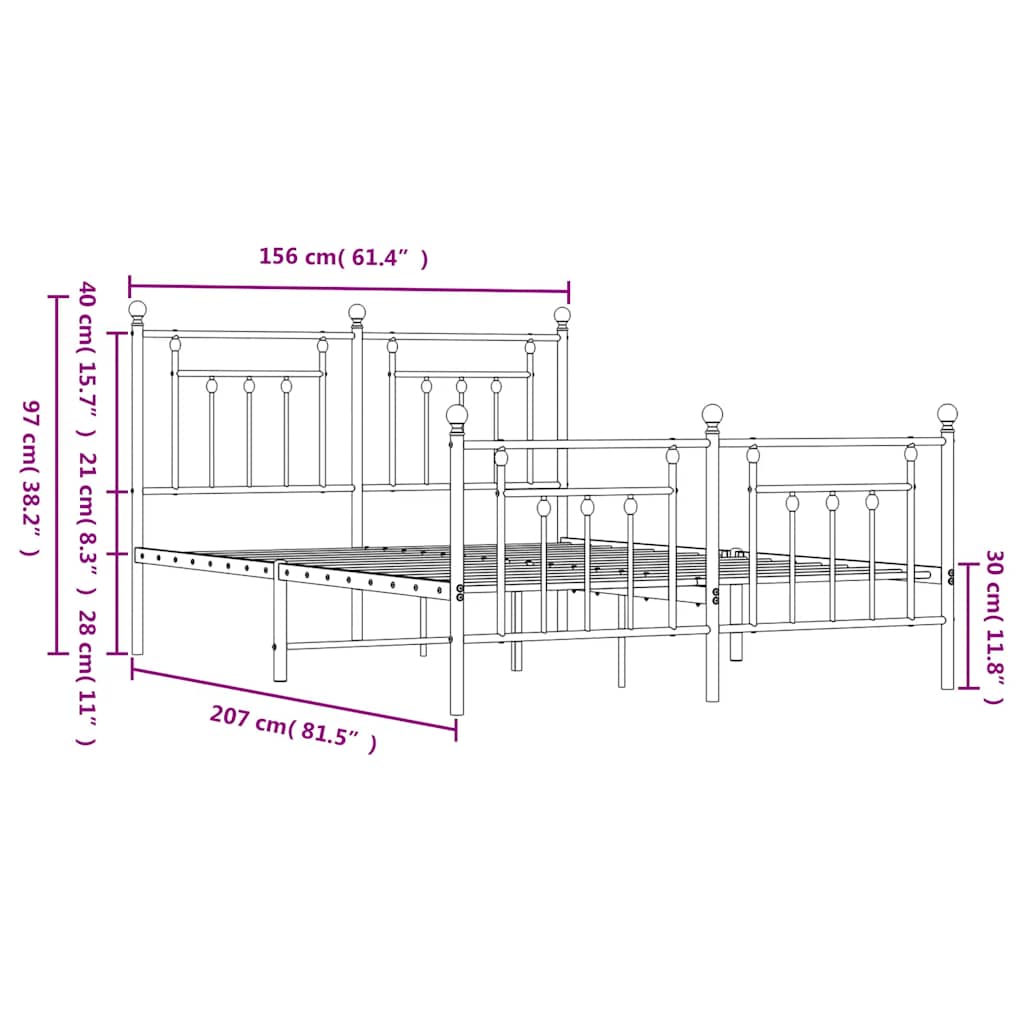 Cadre de lit métal sans matelas avec pied de lit noir 150x200cm - XIOS