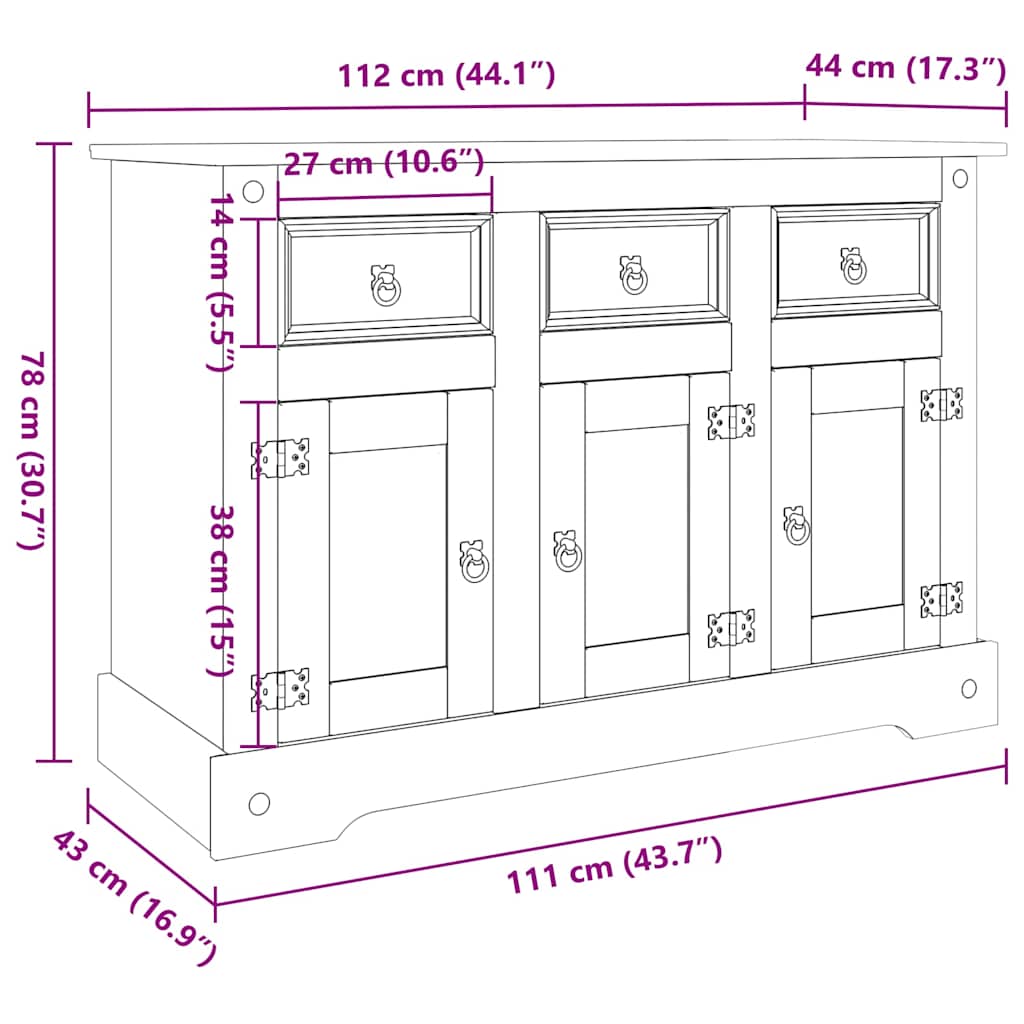 Buffet Corona gris 112x43x78 cm bois massif pin mexicain - XIOS