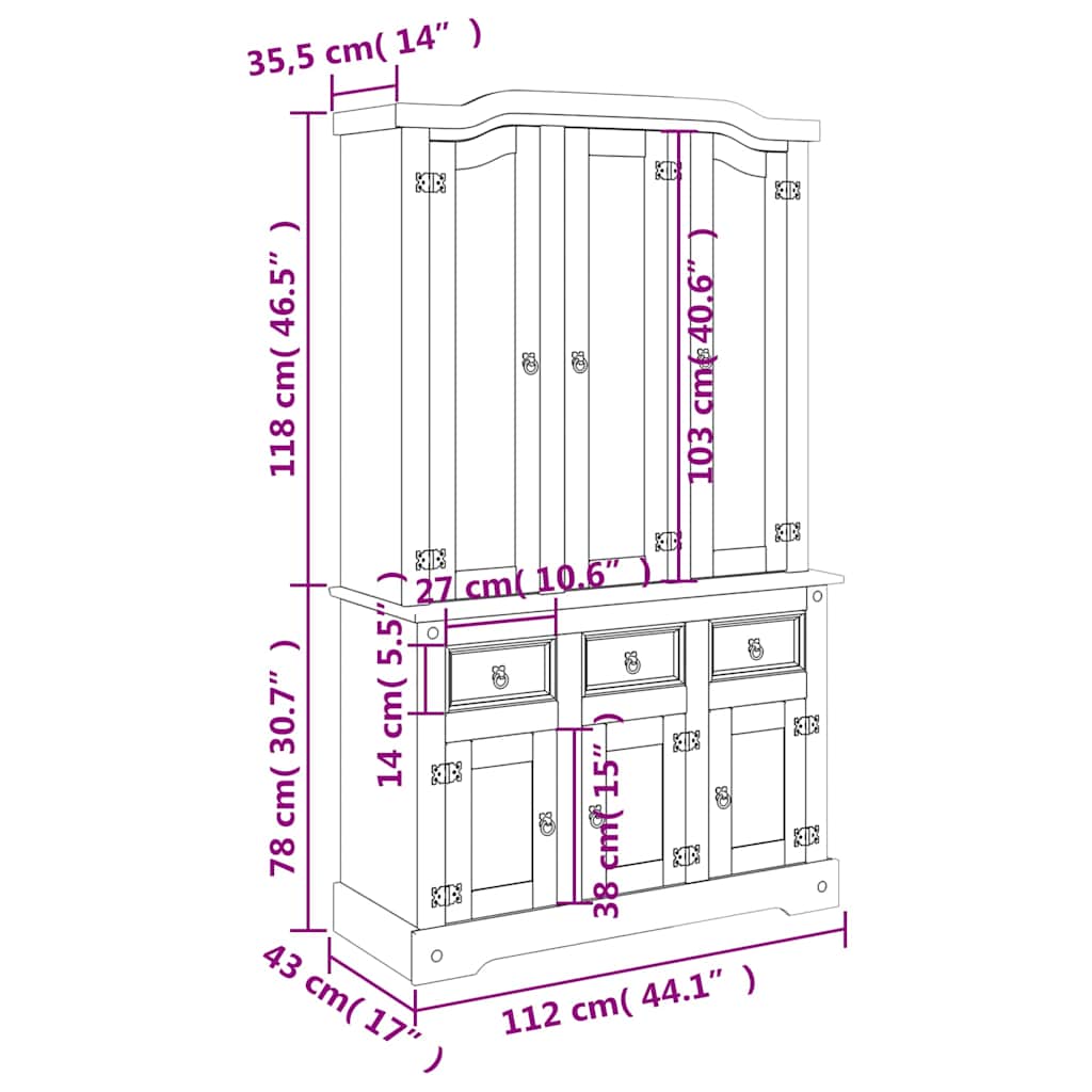 Buffet haut Corona blanc 112x43x191,5 cm bois massif pin mexicain