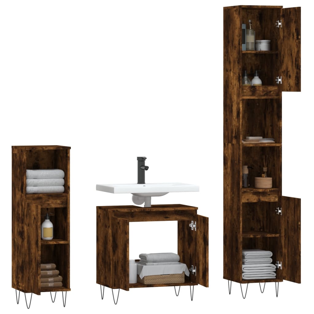 Ensemble d'armoires de salle de bain 3 pcs chêne fumé