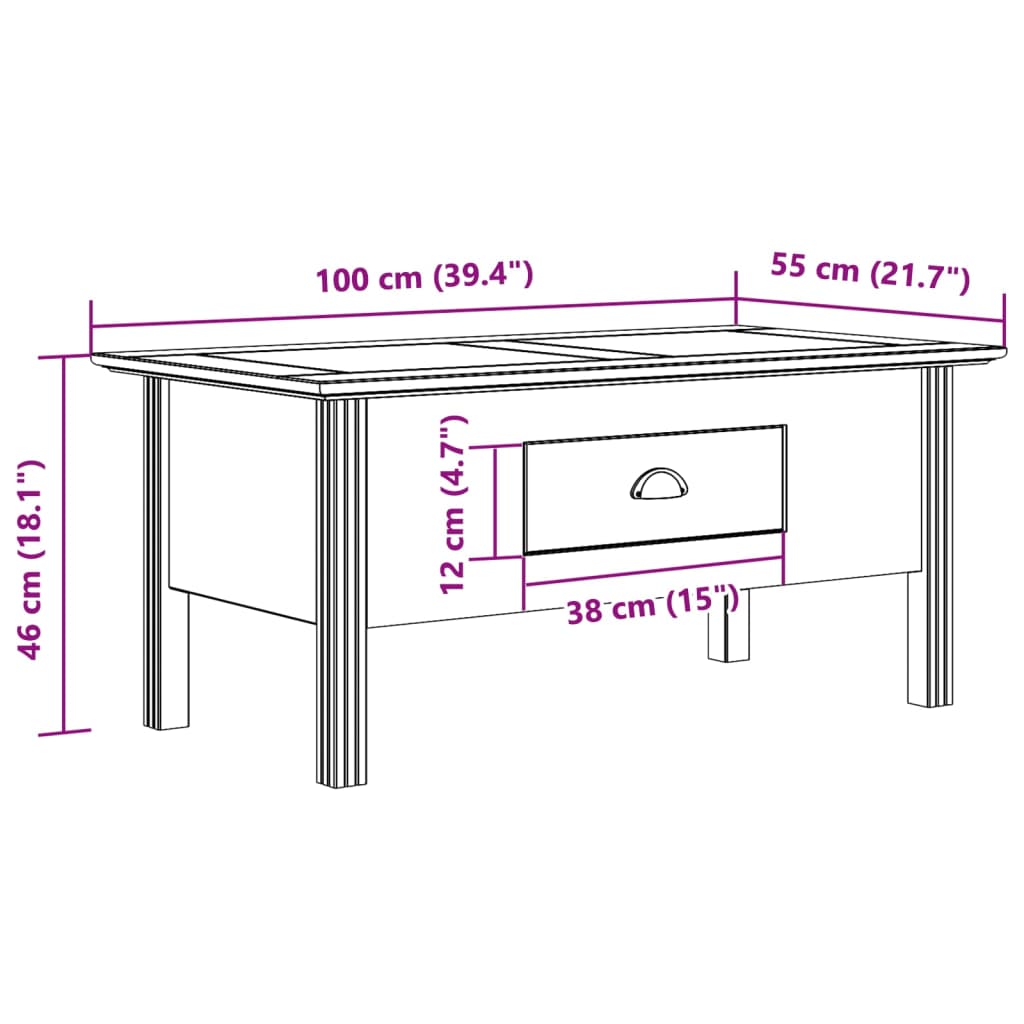 Table basse BODO blanc et marron 100x55x46cm bois de pin massif - XIOS