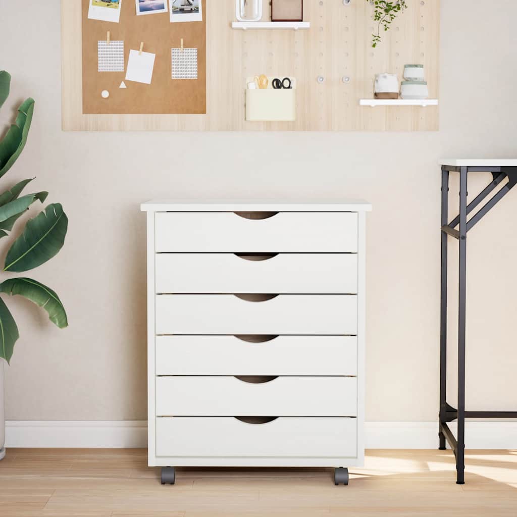 Armoire roulante avec tiroirs MOSS blanc bois de pin solide - XIOS