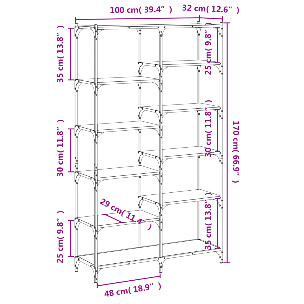 Bibliothèque chêne fumé 100x32x170 cm bois d'ingénierie et fer - XIOS