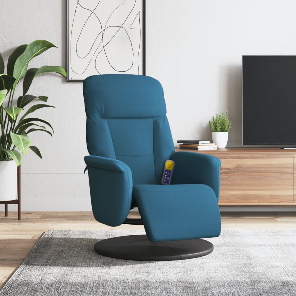 Fauteuil inclinable de massage avec repose-pied bleu velours - XIOS