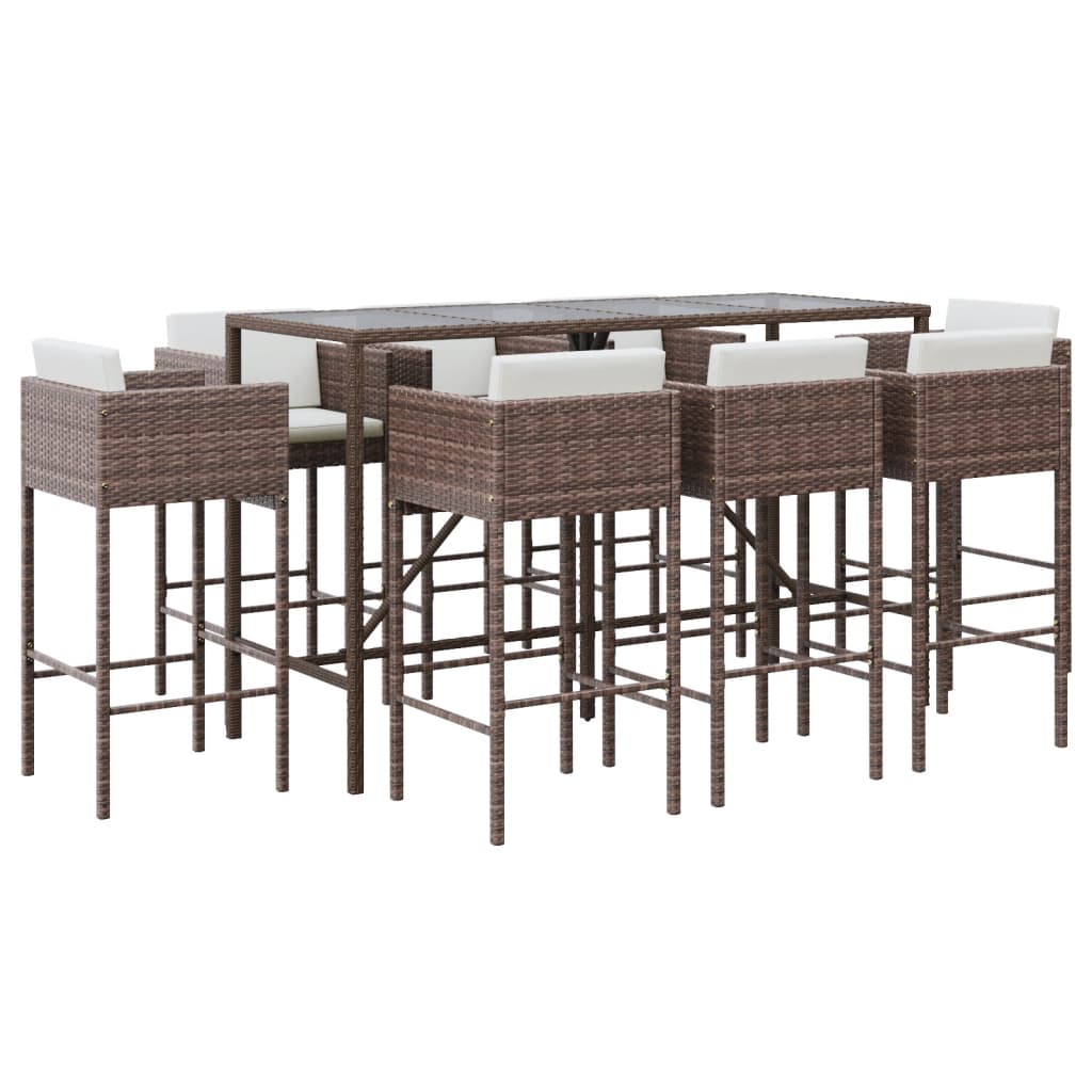 Ensemble de bar de jardin 9 pcs avec coussins marron poly rotin