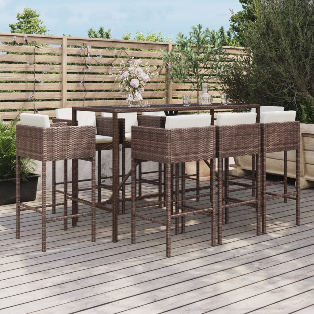 Ensemble de bar de jardin 9 pcs avec coussins marron poly rotin