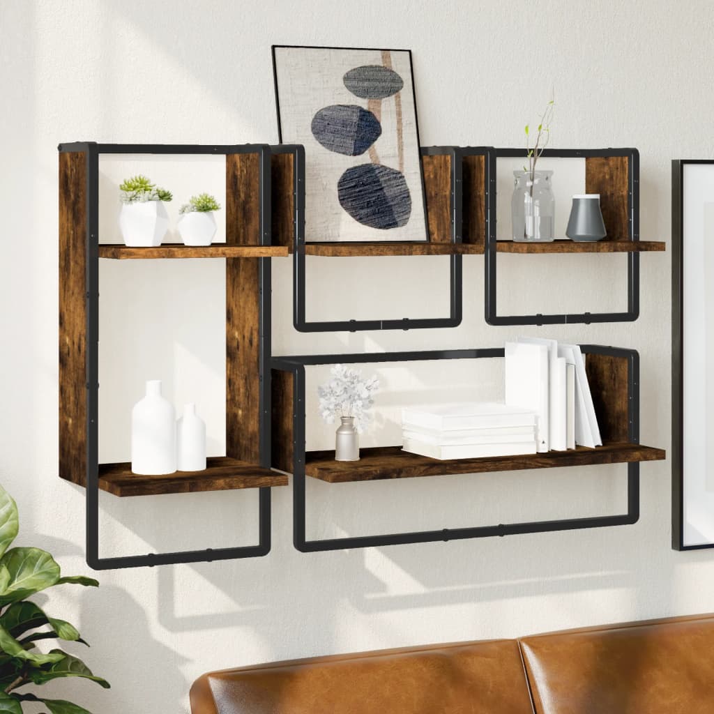 Ensemble d'étagères murales avec barres 4 pcs chêne fumé - XIOS