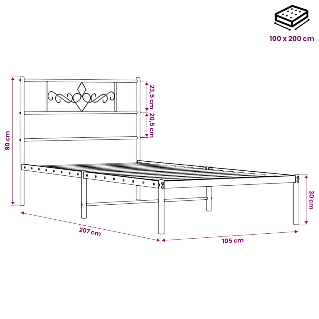 Cadre de lit métal sans matelas avec tête de lit noir 100x200cm
