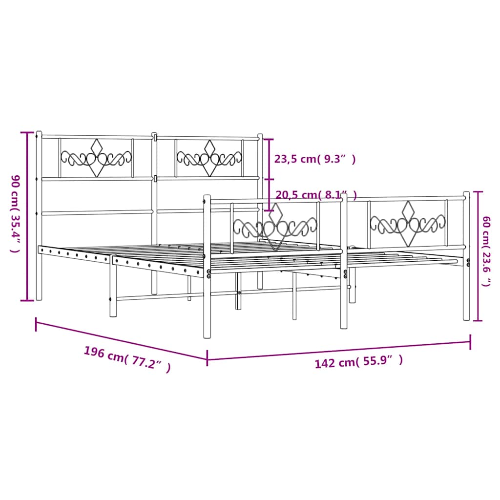 Cadre de lit métal sans matelas avec pied de lit noir 135x190cm - XIOS