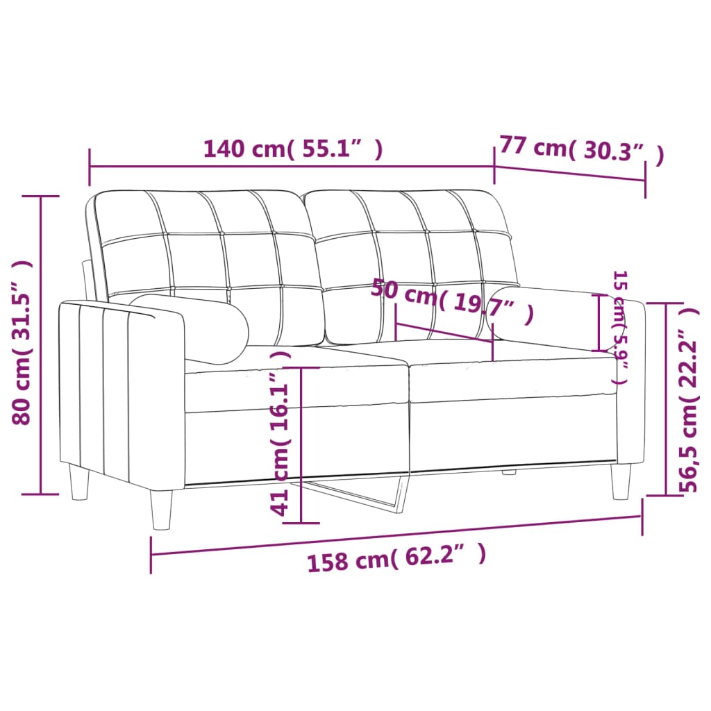Canapé 2 places avec oreillers décoratifs crème 140 cm tissu - XIOS