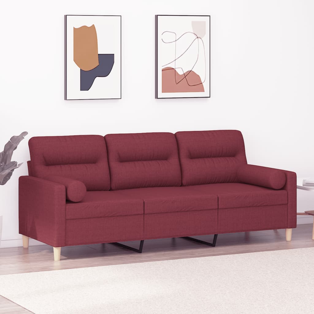 Canapé 3 places avec oreillers décoratifs bordeaux 180 cm tissu