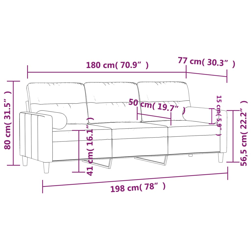 Canapé 3 places avec oreillers décoratifs taupe 180 cm tissu - XIOS