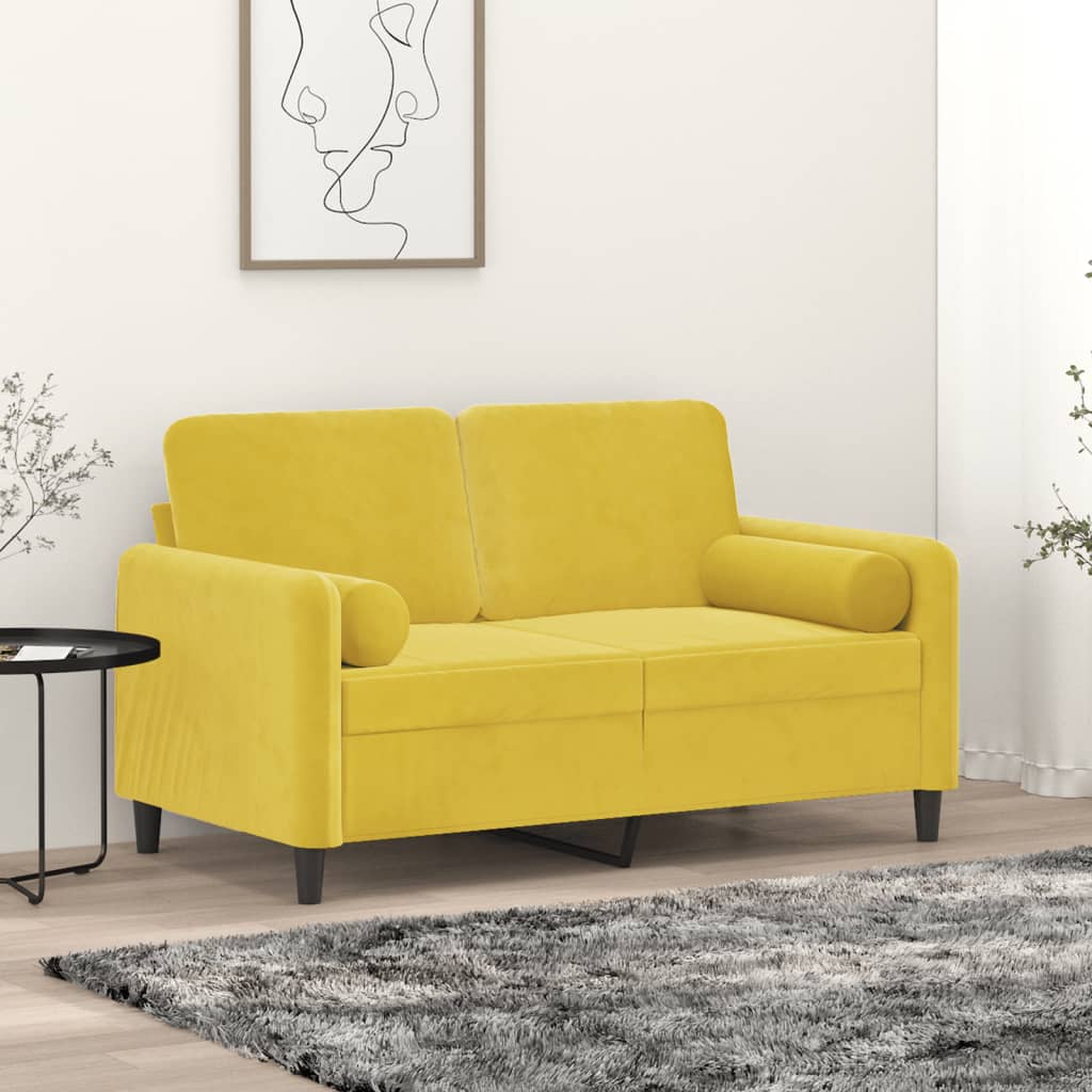 Canapé 2 places avec oreillers décoratifs jaune 120 cm velours - XIOS