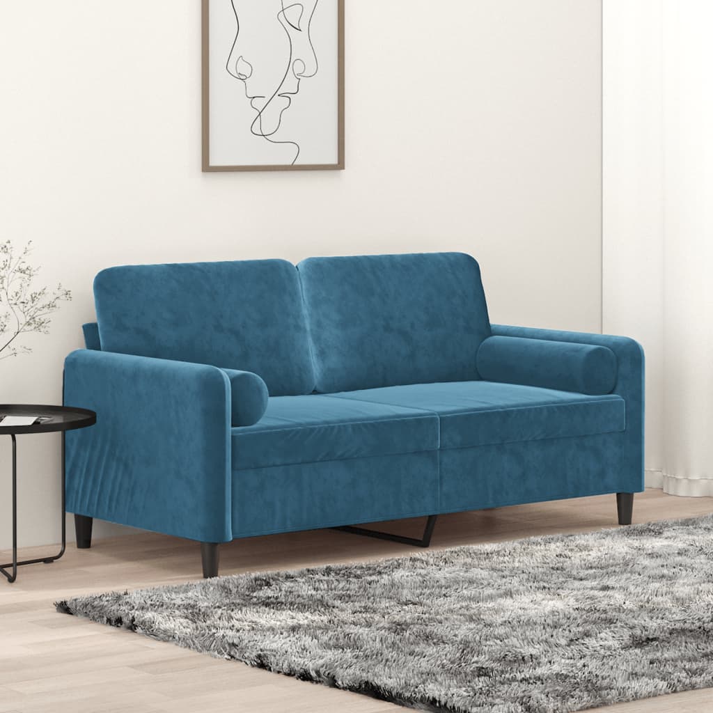 Canapé 2 places avec oreillers décoratifs bleu 140 cm velours - XIOS