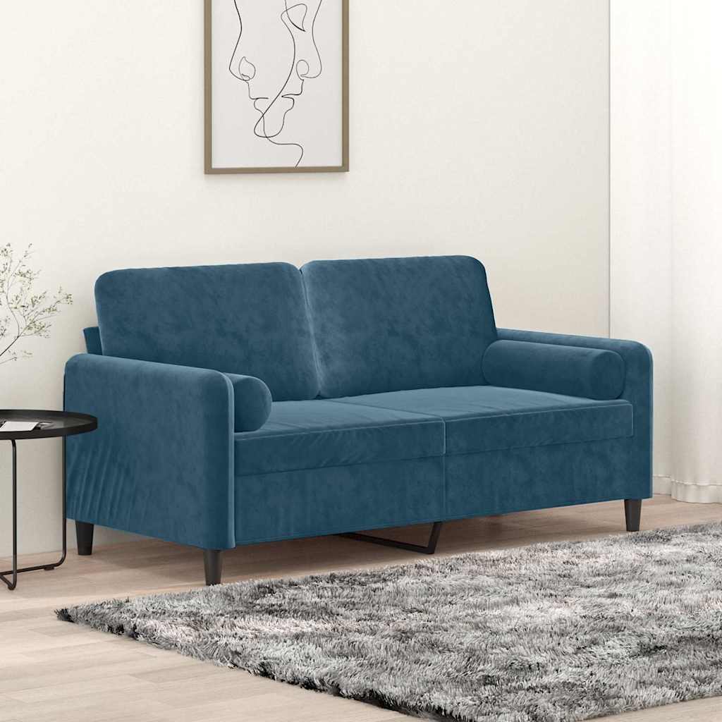 Canapé 2 places avec oreillers décoratifs bleu 140 cm velours - XIOS