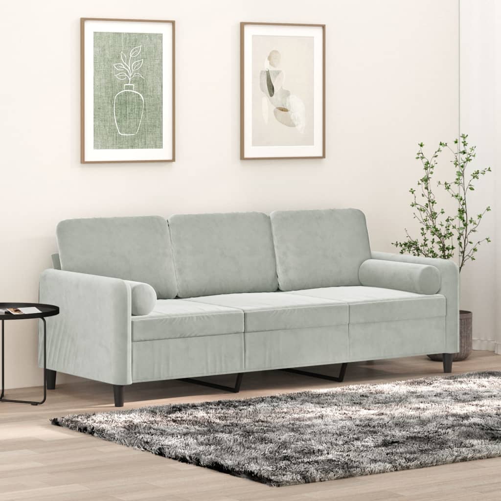 Canapé 3 places avec oreillers gris clair 180 cm velours - XIOS