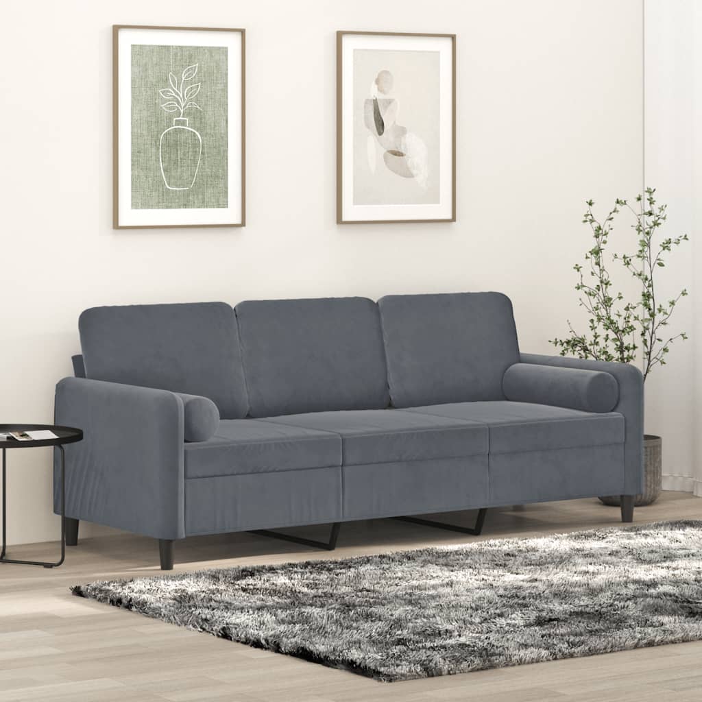 Canapé 3 places avec oreillers gris foncé 180 cm velours - XIOS