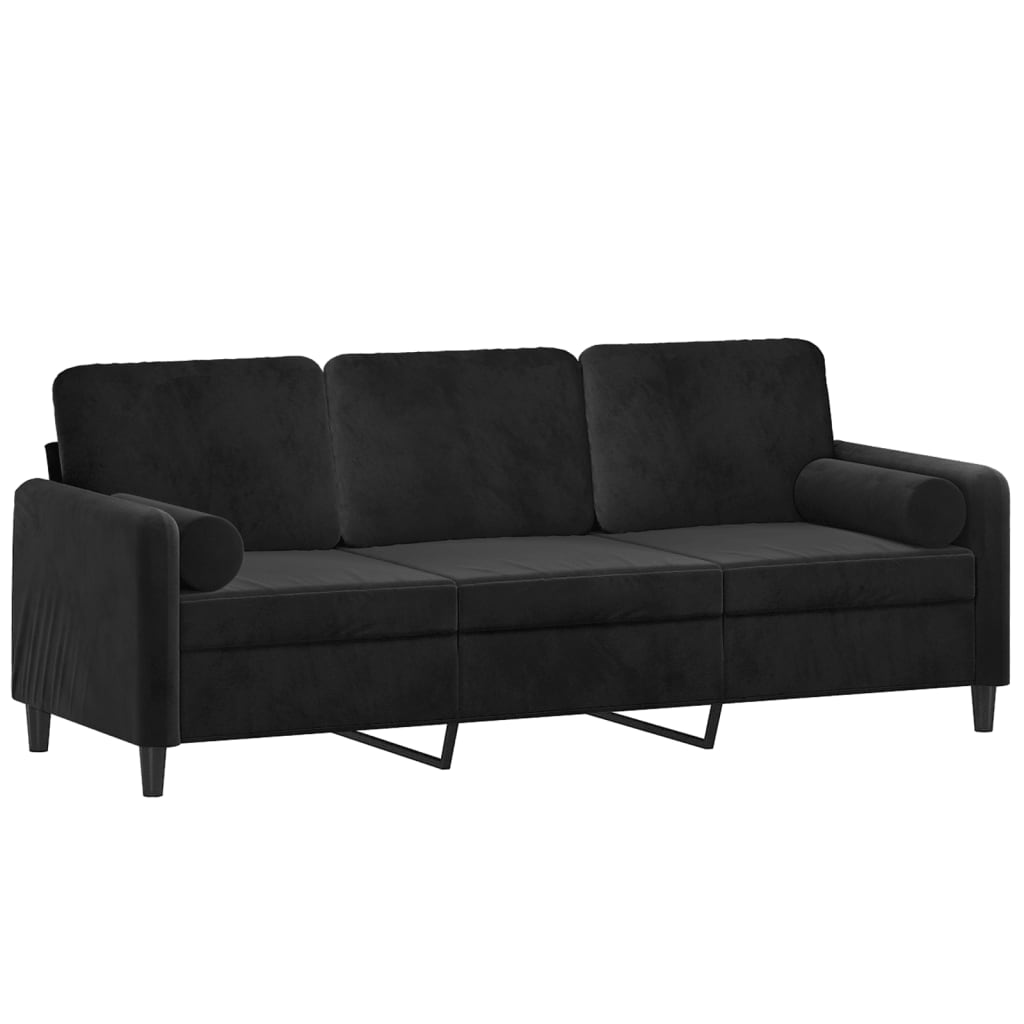 Canapé 3 places avec oreillers décoratifs noir 180 cm velours - XIOS