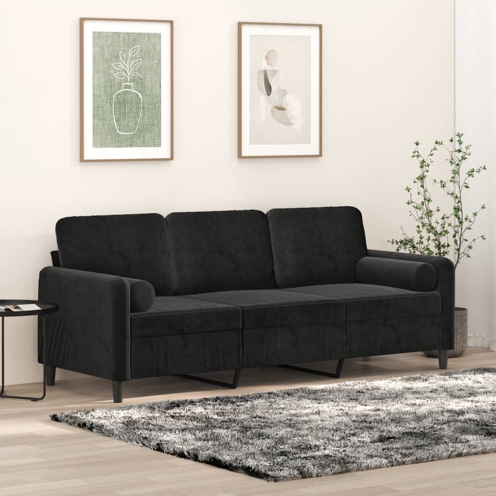 Canapé 3 places avec oreillers décoratifs noir 180 cm velours - XIOS