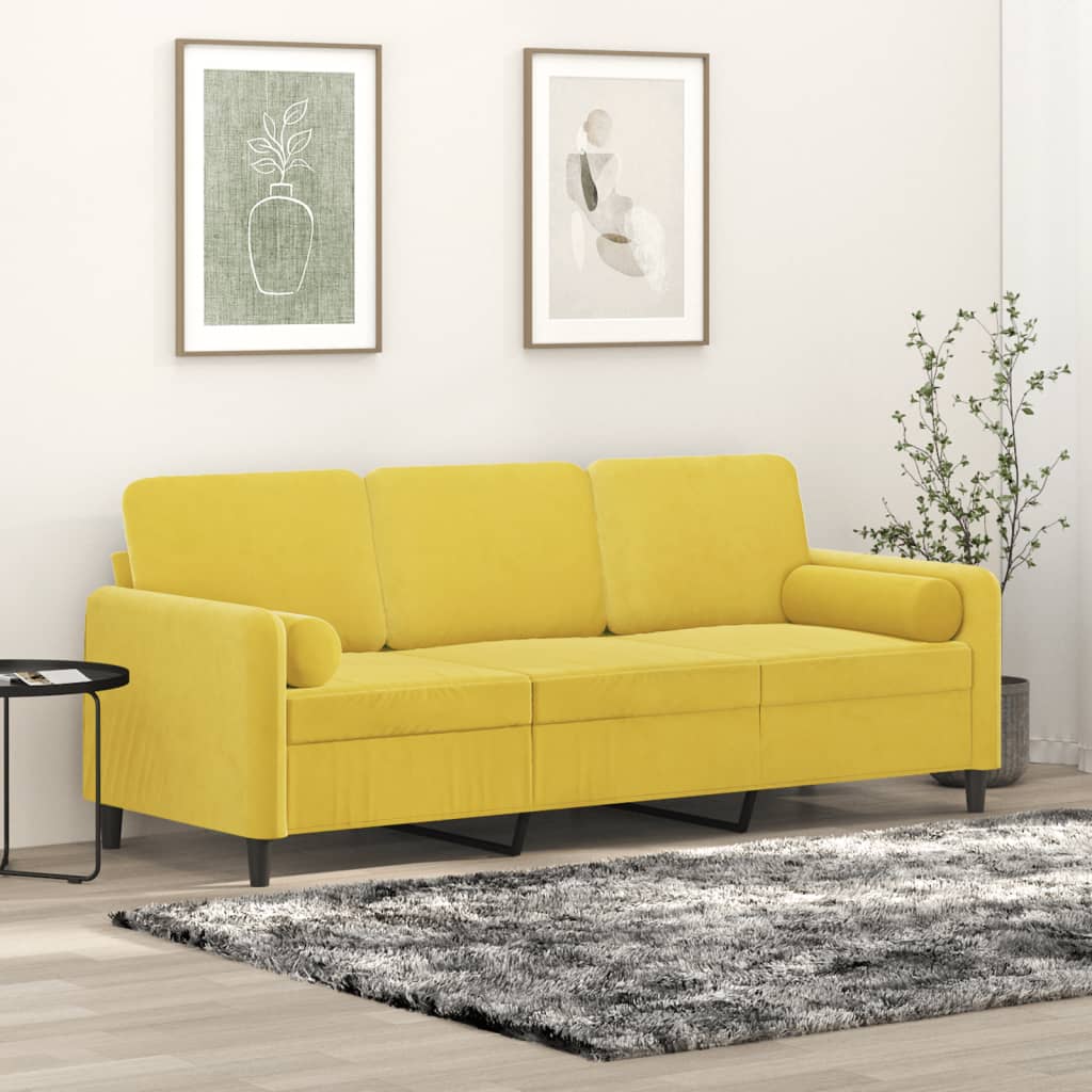 Canapé 3 places avec oreillers décoratifs jaune 180 cm velours - XIOS