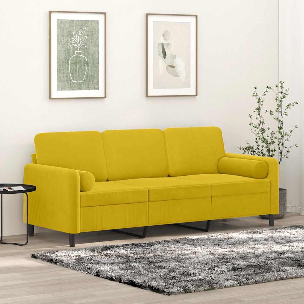 Canapé 3 places avec oreillers décoratifs jaune 180 cm velours - XIOS