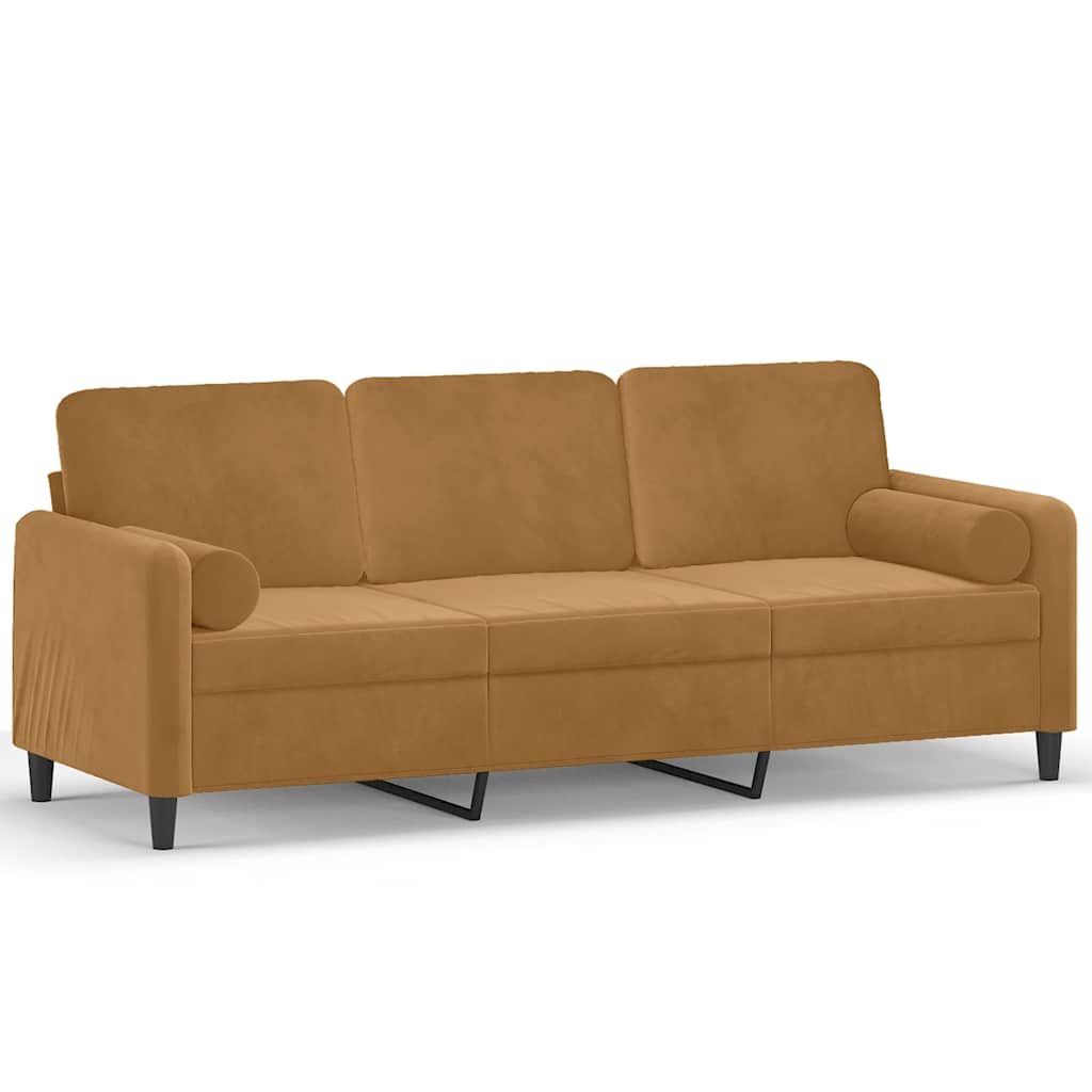 Canapé 3 places avec oreillers décoratifs marron 180 cm velours - XIOS