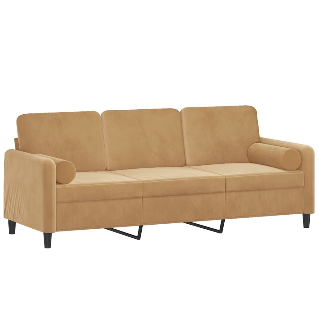 Canapé 3 places avec oreillers décoratifs marron 180 cm velours - XIOS