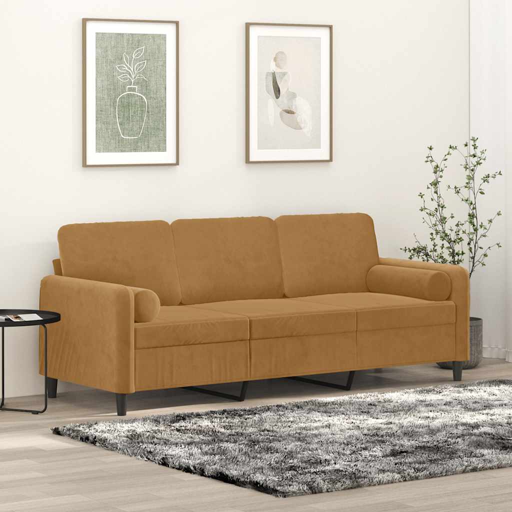 Canapé 3 places avec oreillers décoratifs marron 180 cm velours - XIOS