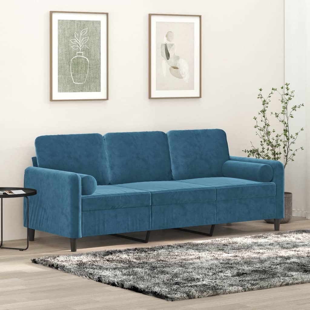 Canapé 3 places avec oreillers décoratifs bleu 180 cm velours - XIOS