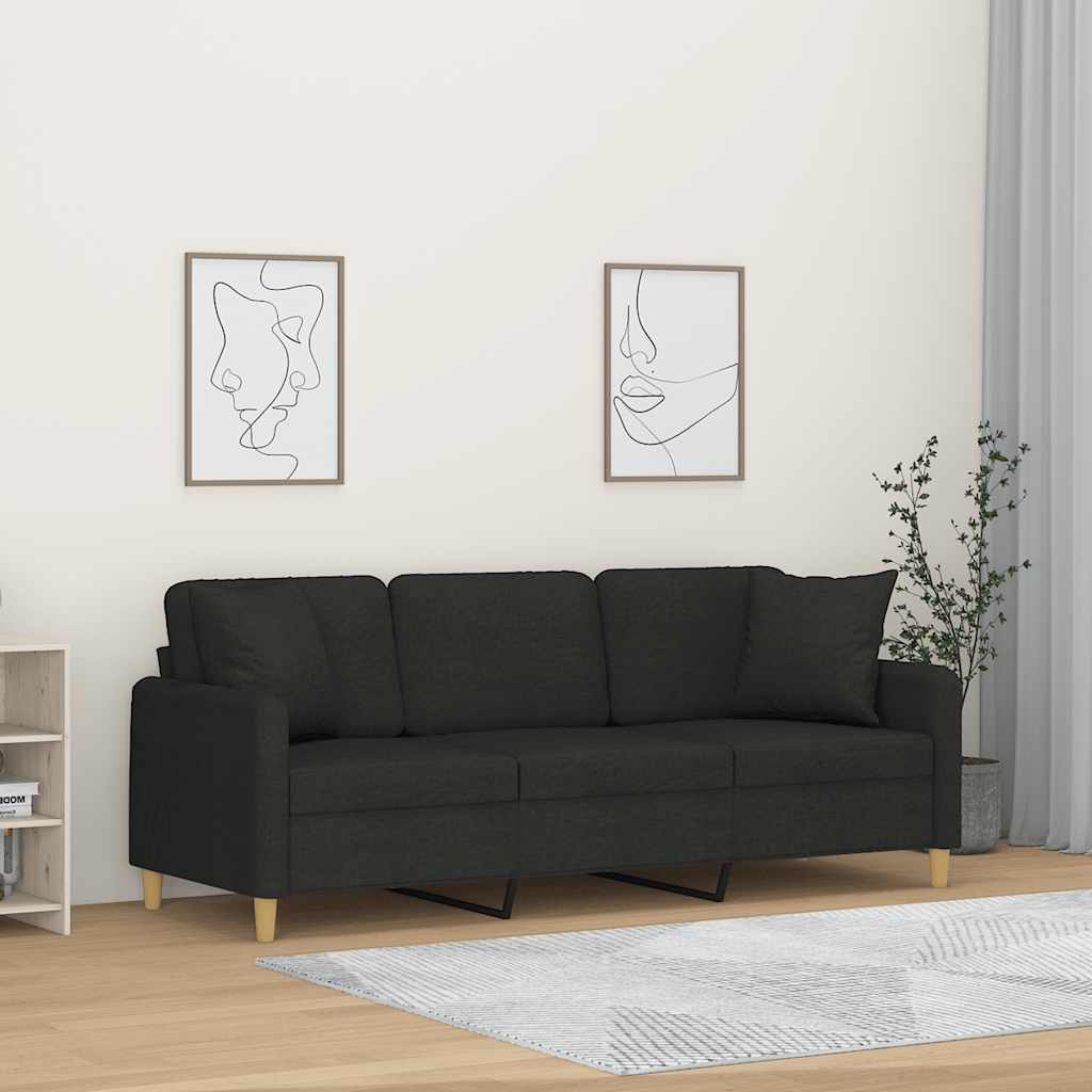 Canapé 3 places avec oreillers décoratifs noir 180 cm tissu - XIOS