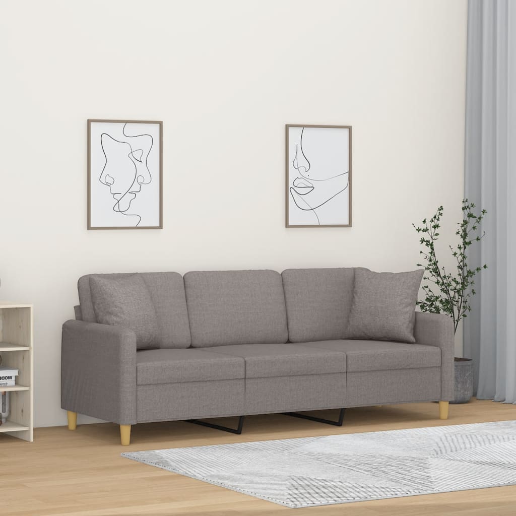 Canapé 3 places avec oreillers décoratifs taupe 180 cm tissu - XIOS