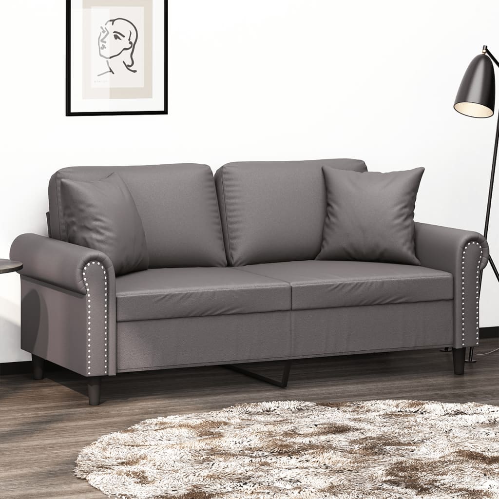 Canapé 2 places avec oreillers décoratifs gris 140cm similicuir - XIOS