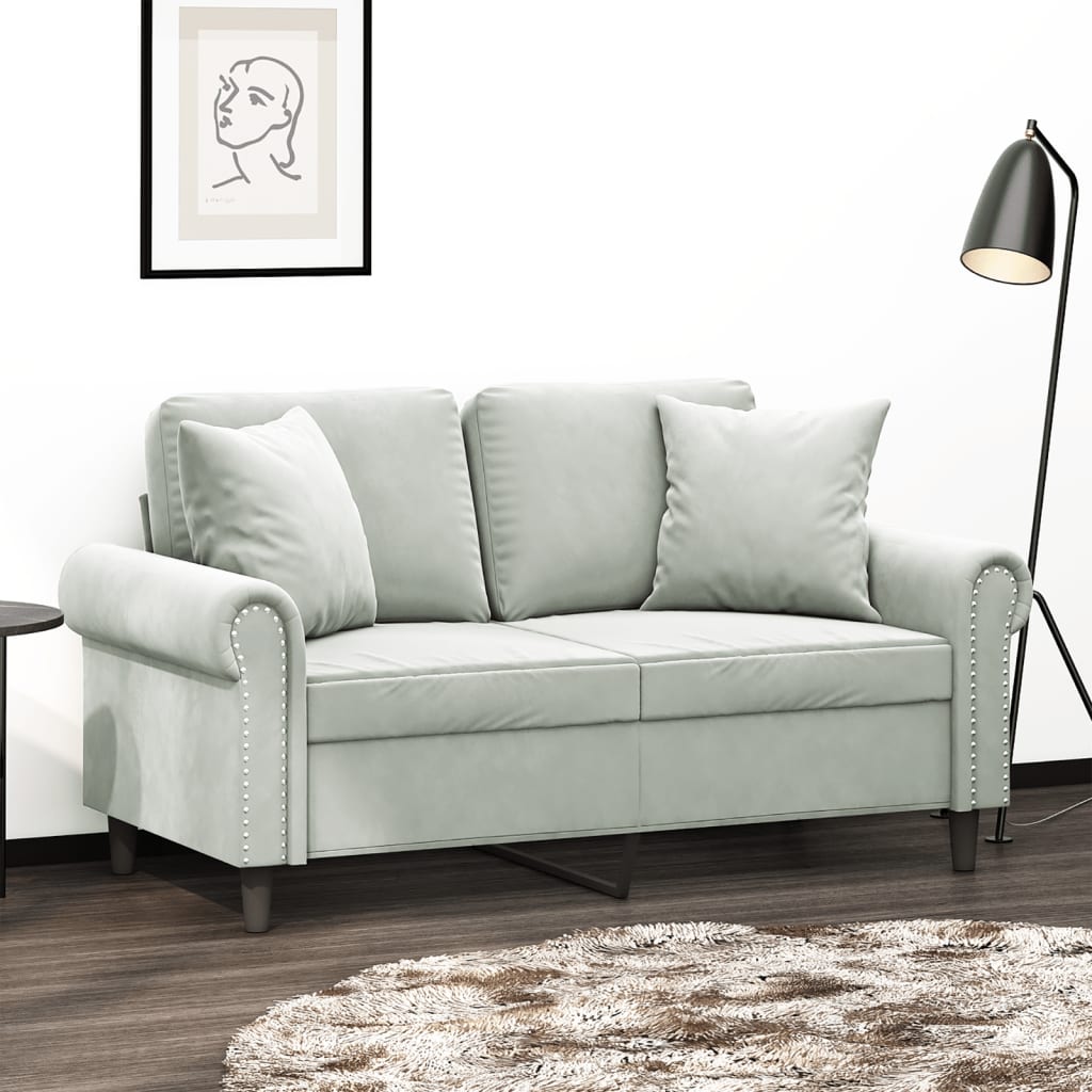 Canapé 2 places avec oreillers gris clair 120 cm velours - XIOS