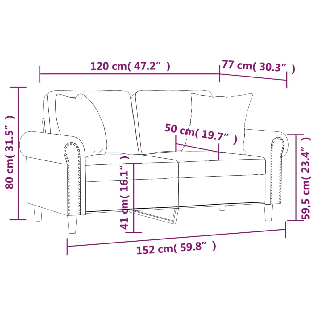 Canapé 2 places avec oreillers décoratifs rose 120 cm velours - XIOS