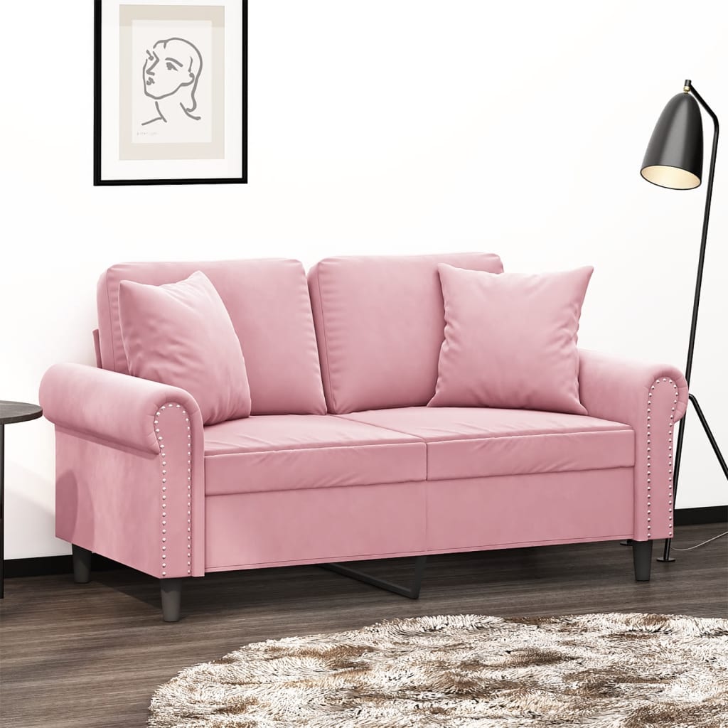 Canapé 2 places avec oreillers décoratifs rose 120 cm velours - XIOS